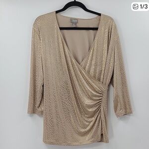 Chicos 1  travelers gold foil faux wrap surplice top